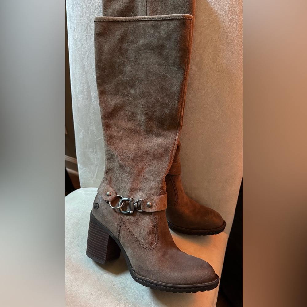 Women's Taupe Suede High Heel Riding Boots